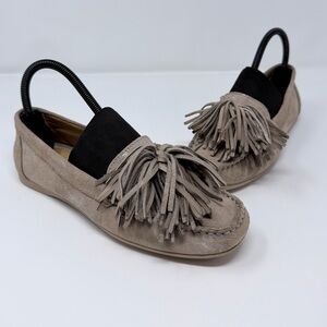 Flag Ltd Kiltie Fringe Suede Loafers Taupe Slip On Flats Women’s Size 7